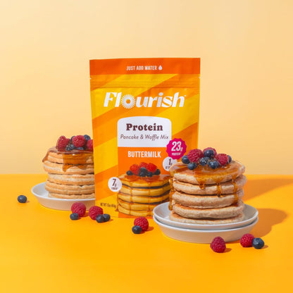Flourish Protein Pancake & Waffle Mix with Whey Protein, No Added Sugar, High in Fiber - Just Add Water - Buttermilk Flavour, 430 g Each (2 Pack) - Made in Canada