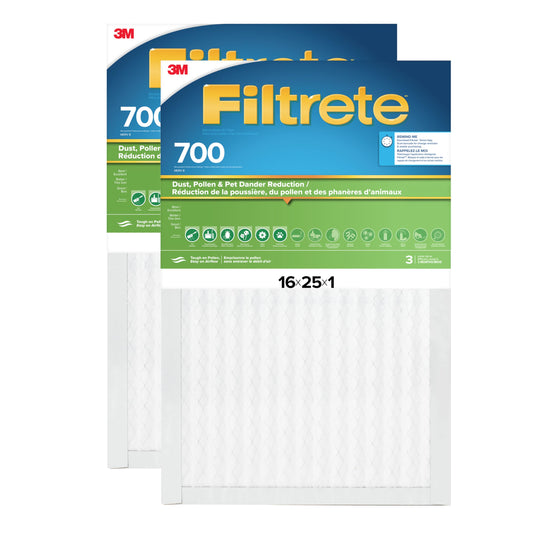 Filtrete 16x25x1 AC Furnace Air Filter, MPR 700, MERV 8, Tough on Pollen, Easy on Airflow, 3-Month Pleated 1-Inch Electrostatic Air Cleaning Filter, 2-Pack (Actual Size 15.68 x 24.56 x 0.78 in)