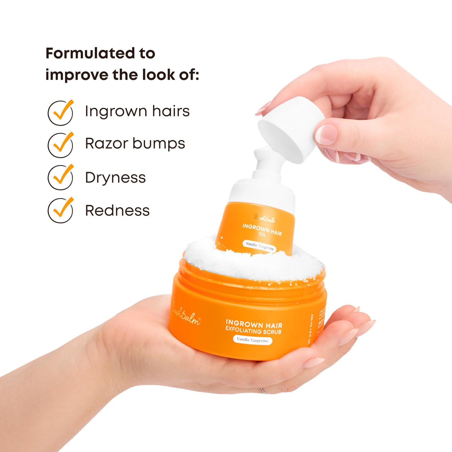 Bushbalm Ingrown Hair and Razor Bumps 2-Step Routine - Moisturize and Calm - Ingrown Hair Oil (30 ml) and Exfoliating Scrub (236 ml) - Vanilla Tangerine - Available at All In One Marketplace Canada