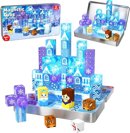 Transparent Light Up Magnetic Blocks - 45PCS Travel Toys for Kids Ages 4 5 6 7+ Magnetic Tin Box Magnet Building Princess Blue Snow Castle Build STEM Learning Toys Christmas Birthday Girls Toddlers 3+ 🍁 All In One Marketplace Canada