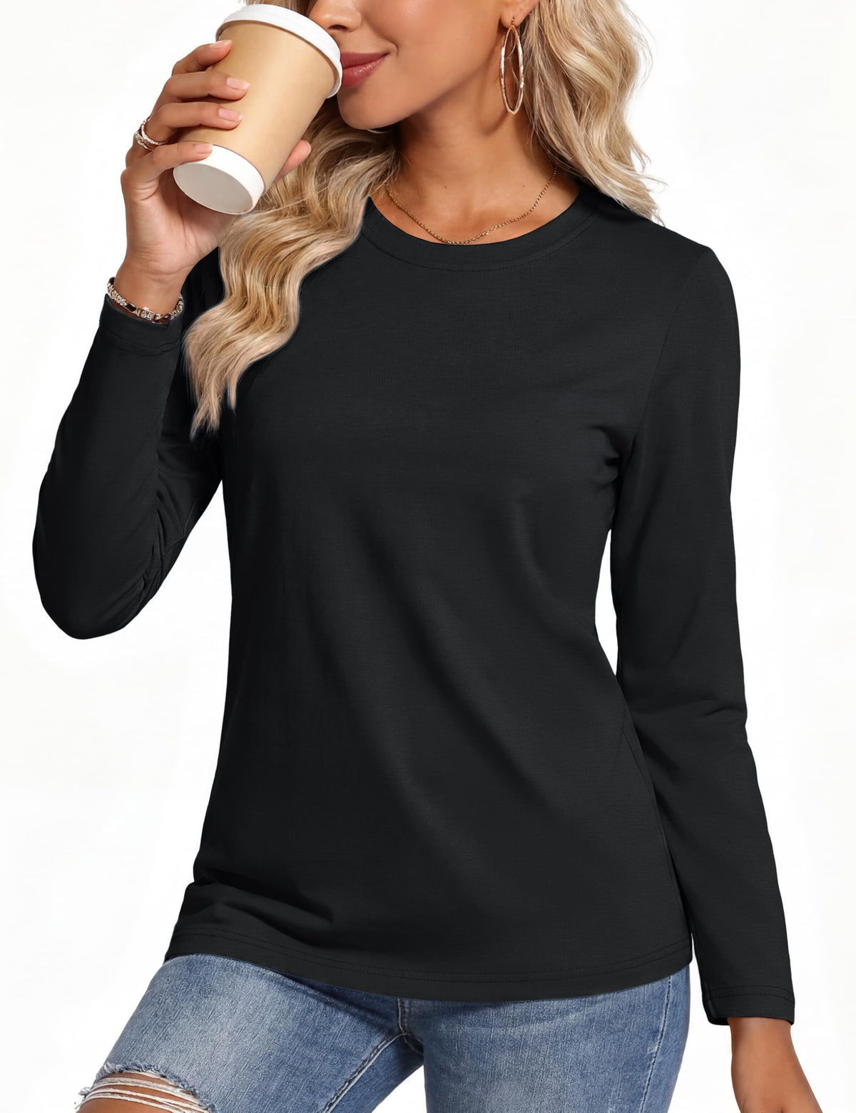MAGCOMSEN Womens Long Sleeve Shirts Fall Clothes Basic Cotton Top Black L 🍁 All In One Marketplace Canada