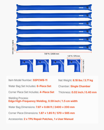 VEVOR Pool Cover Water Bags Set, 6 Packs 8 Ft Single Chamber Pool Cover Water Bags & 4 Corner Tubes, 0.4mm Thick PVC Bag Weights with Leakproof Valve, for Winter Inground Swimming-Pool Covers 🍁 All In One Marketplace Canada