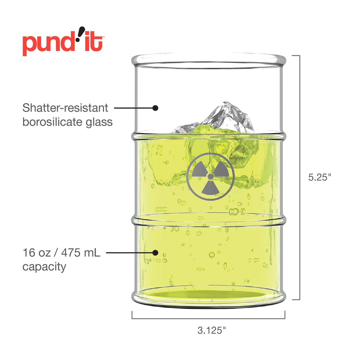 Pund'it Polluted Shatter Resistant Halloween Drink Glasses, Set of 2, 16oz Radioactive Barrel Themed Cocktail and Soda Glasses
