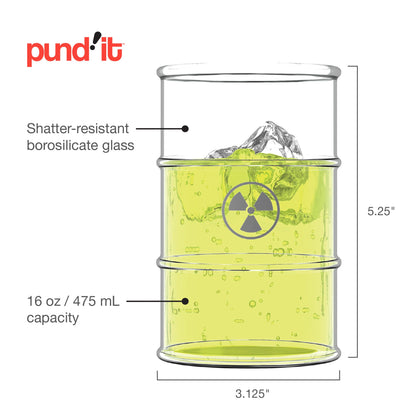 Pund'it Polluted Shatter Resistant Halloween Drink Glasses, Set of 2, 16oz Radioactive Barrel Themed Cocktail and Soda Glasses