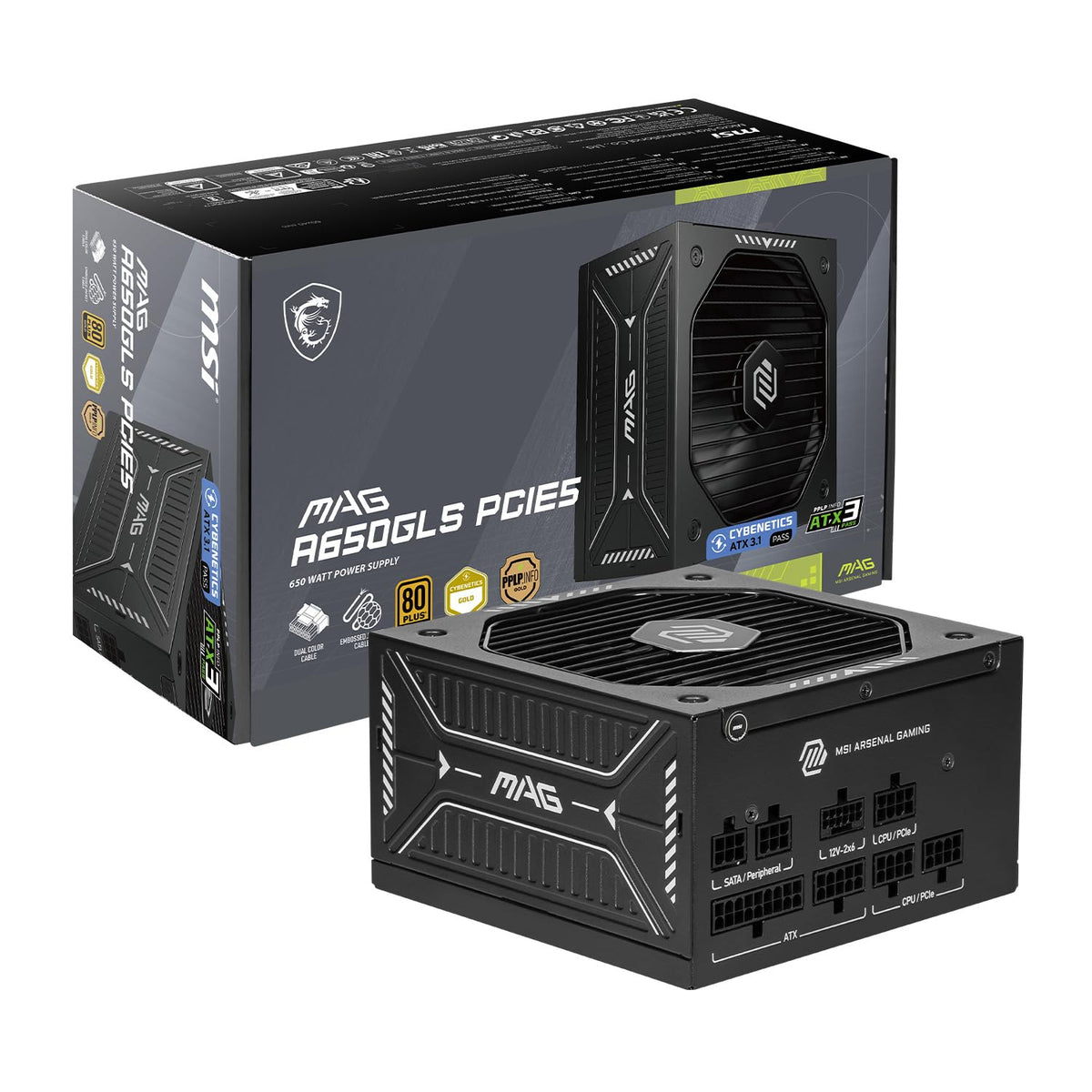 MSI MAG A650GLS PCIE5, Fully Modular Compact Gaming 650W Power Supply, 80+ Gold, ATX 3.1 & PCIe 5.1 Ready, Native Dual-Color 12V-2x6 Cable, Low-Noise, Embossed Jacket Cables, 10 Year Warranty