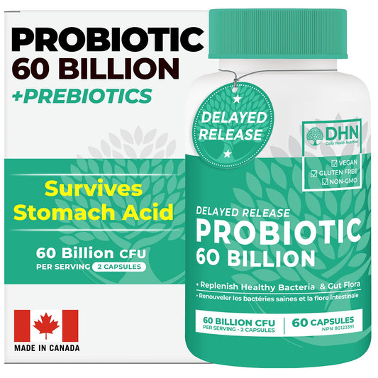 Probiotics Women & Men - 60 Billion CFU Probiotic + Prebiotics | Delayed Release Capsules Survive Stomach Acid for Max Potency | Digestive & Immune Support | Bloating & Gas Relief | Shelf Stable Lactobacillus Strains | Canadian Made, 3rd Party Tested - Available at All In One Marketplace Canada