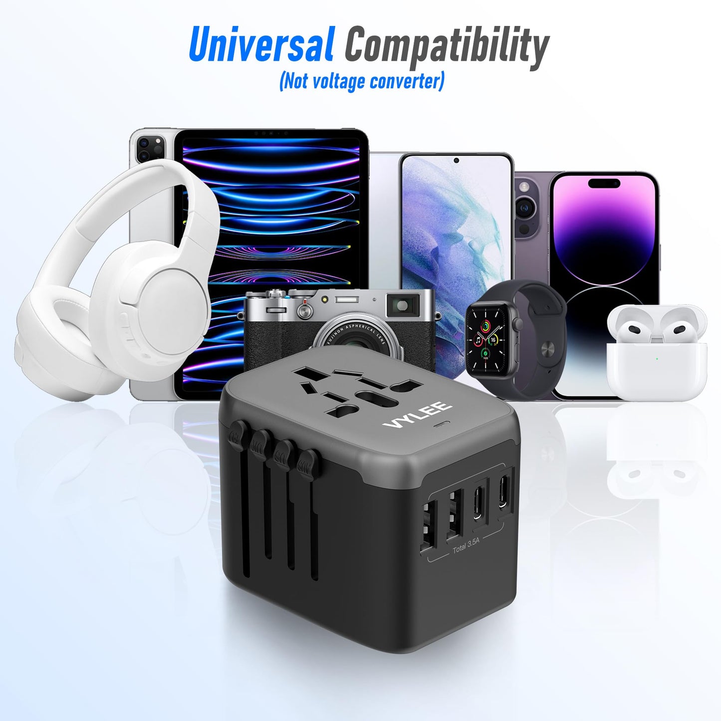 VYLEE Universal International Power Travel Plug Adapter, 5 in 1 European Travel Plug Adapter W/ 3.5A 2xUSB-A and 2xUSB C Wall Charger and Worldwide AC Outlet for Europe USA UK AUS Asia (Black Grey)
