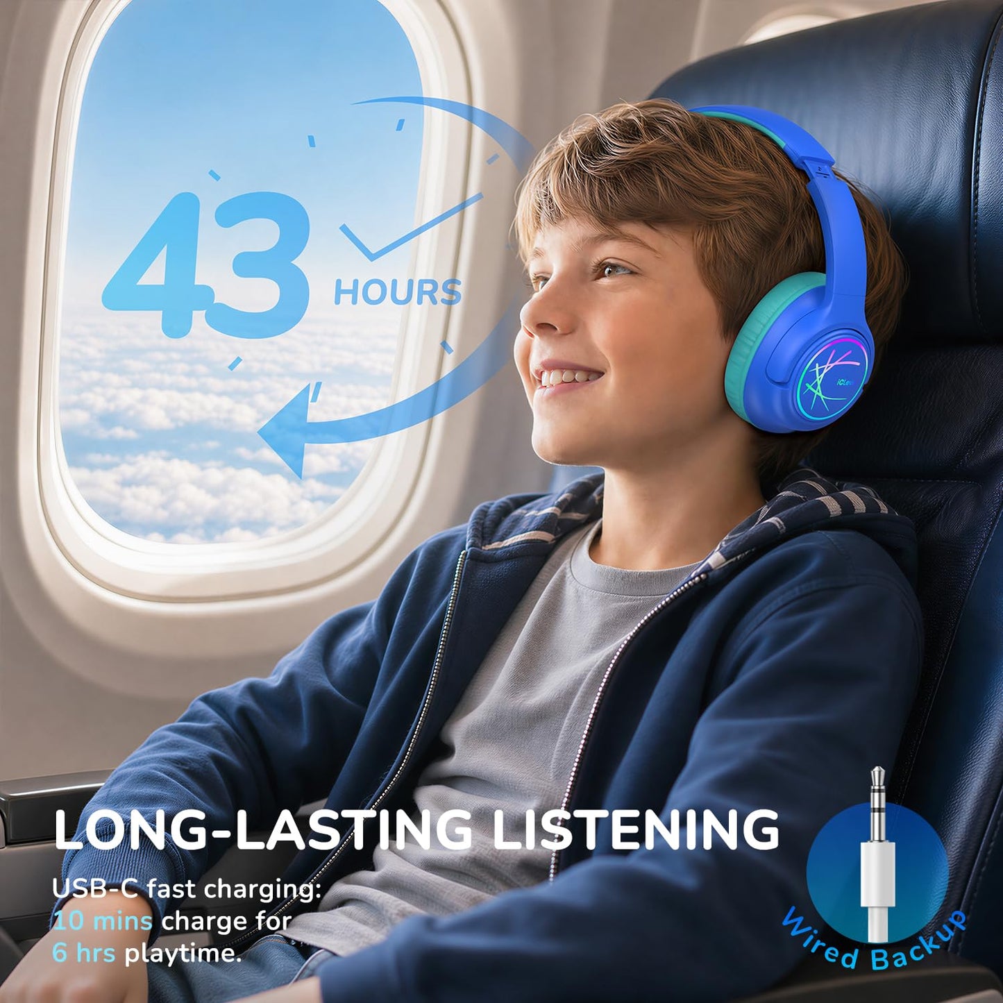 Kids Headphones Wireless with LED Lights, iClever BTH18 Safe Volume 74/85dBA, 43H Playtime, Stereo Sound, USB-C, AUX Cable, Bluetooth5.3 Over Ear Kids Toddler Headphones for Tablet/Travel, Blue