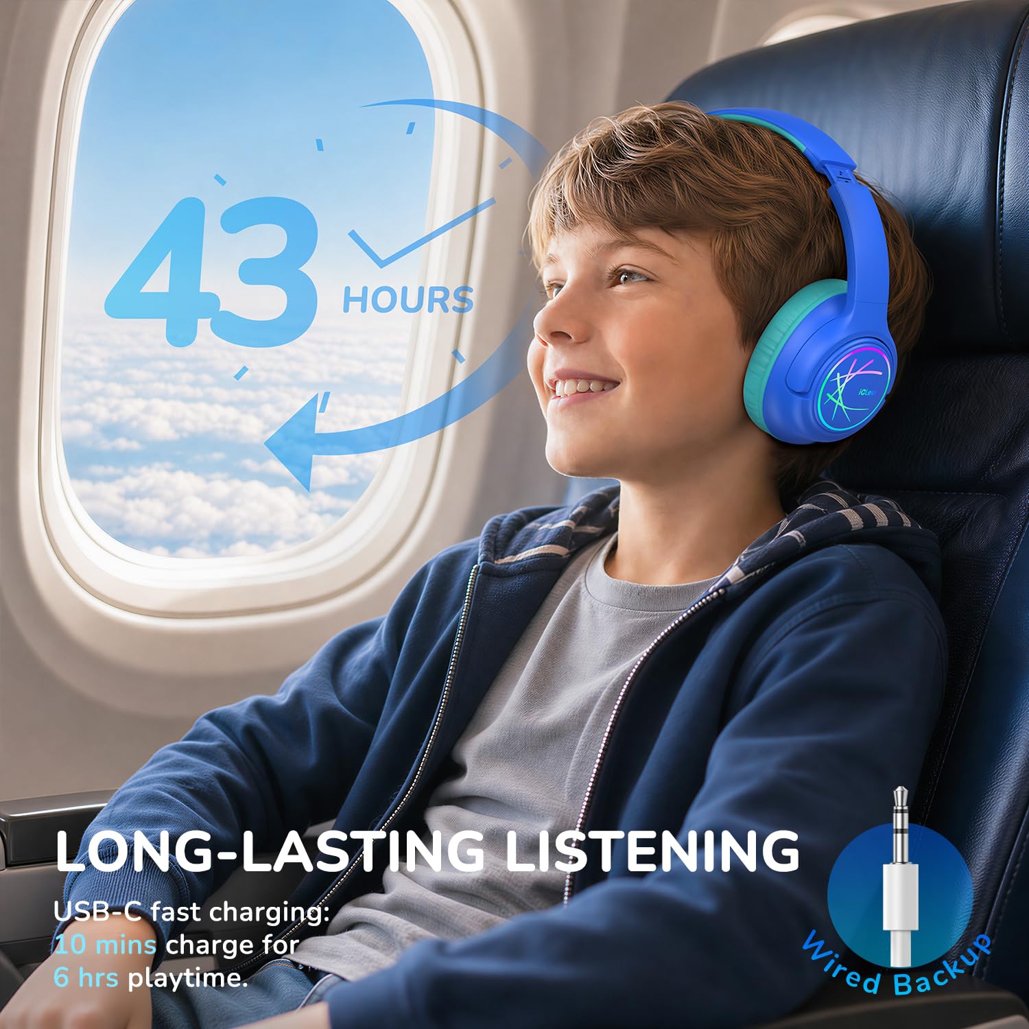 Kids Headphones Wireless with LED Lights, iClever BTH18 Safe Volume 74/85dBA, 43H Playtime, Stereo Sound, USB-C, AUX Cable, Bluetooth5.3 Over Ear Kids Toddler Headphones for Tablet/Travel, Blue