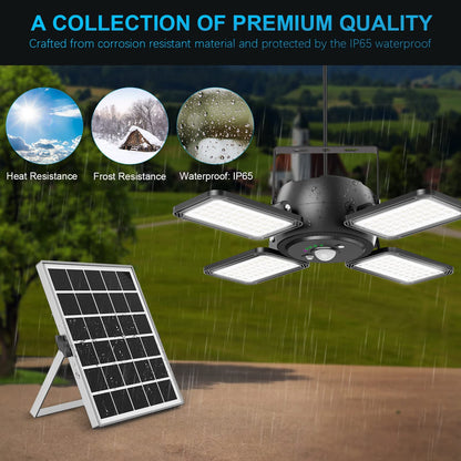 Solar Pendant Light Outdoor Indoor Solar Powered Motion Sensor Shed Light,144LED 1200LM Daytime Work Light with 5 Lighting Modes Remote Control 4 Heads Light for Garage Gazebo Barn Latband