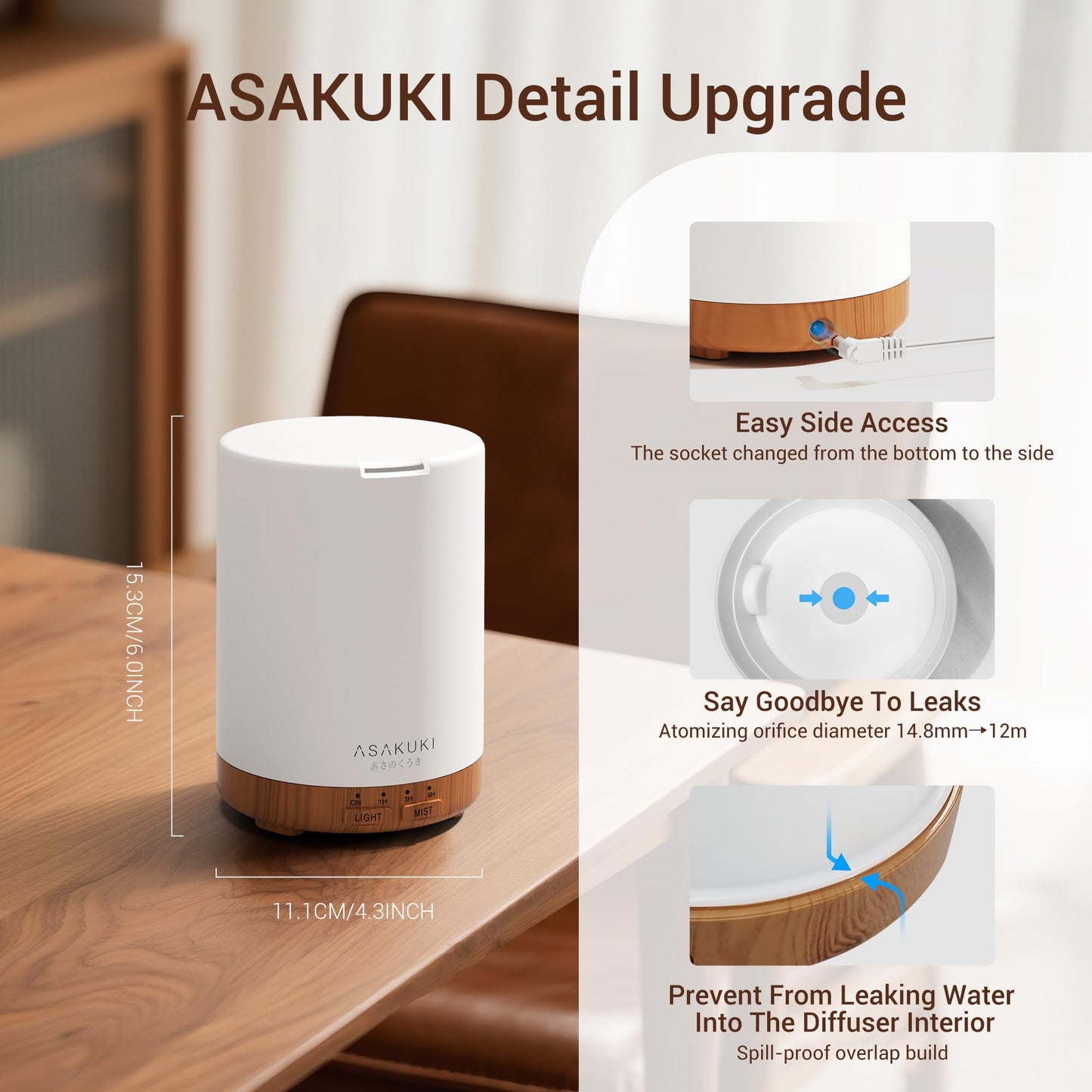 ASAKUKI 300ml Essential Oil Diffuser, Ultrasonic Aroma Diffuser for Essential Oils, Scent Diffuser, Fragrant Humidifier, 3 Timers and Auto-Off, 7 LED Light Colors for Home Office - Available at All In One Marketplace Canada