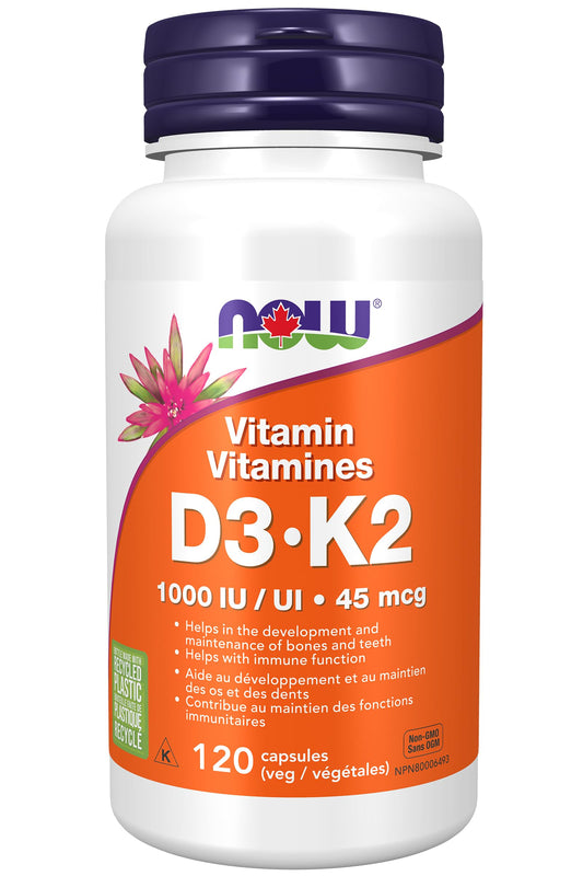 NOW Supplements, Vitamin D-3 & K-2, 1,000 IU/45 mcg, Plus Cardiovascular Support, Supports Bone Health, 120 Veg Capsules - Available at All In One Marketplace Canada