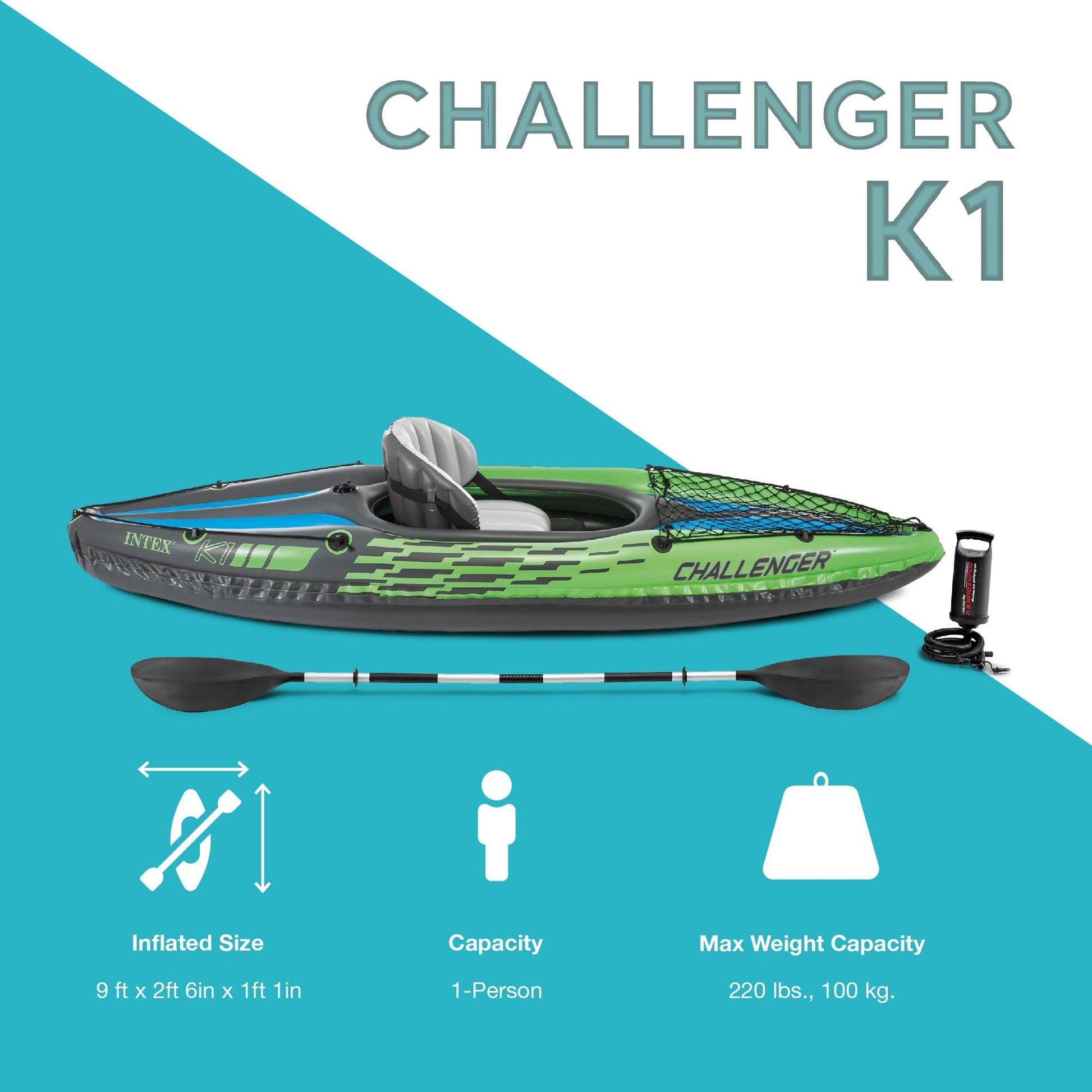 INTEX 68305EP Challenger K1 Inflatable Kayak Set: Includes Deluxe 86in Aluminum Oar and High-Output Pump – Adjustable Seat with Backrest – Removable Skeg – 1-Person – 220lb Weight Capacity