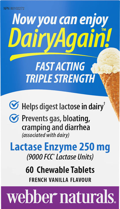 Webber Naturals Dairy Again Lactase Enzyme Chews, 60 Chewable Tablets Webber Naturals