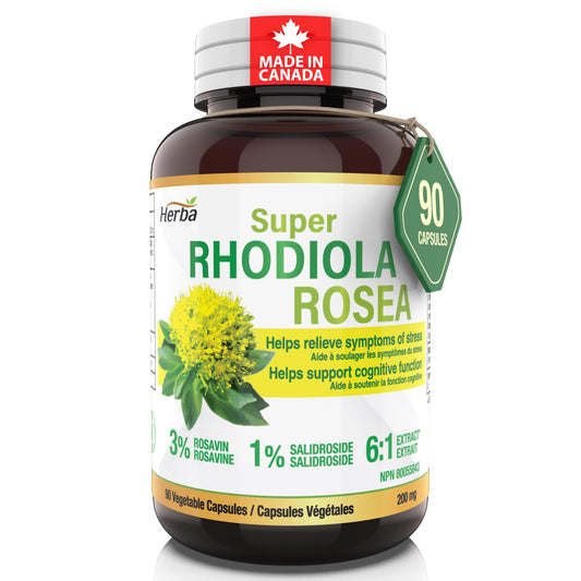 Herba Rhodiola Rosea Supplement 200mg - 90 Capsules | 6:1 Extract | Rhodiola Supplement with Min 3% Rosavins and 1% Salidrosides | Help Relieve Symptoms of Stress | Made in Canada - Available at All In One Marketplace Canada