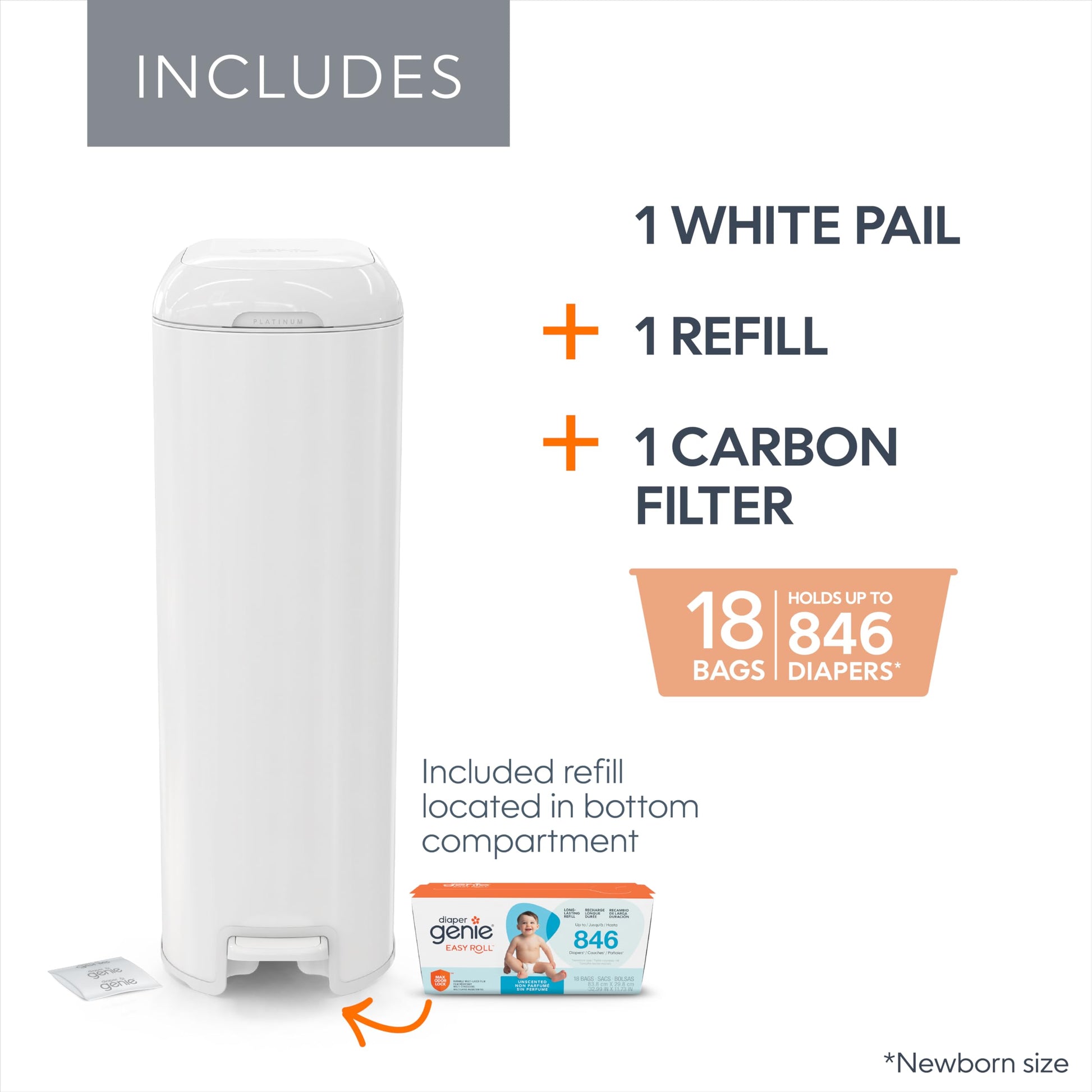 Diaper Genie Platinum Diaper Pail, White - Made in Durable Stainless Steel and Includes 1 Easy Roll Refill with 18 Bags