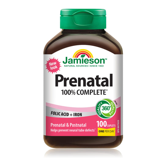 Jamieson Prenatal 100% Complete Multivitamin with Folic Acid and Iron, 100 Caplets. Formulated for Prenatal and Postnatal, and While Breastfeeding, Prevents Neural Tube Defects, One Per Day - Available at All In One Marketplace Canada