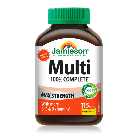 Jamieson 100% Complete Multivitamin Max Strength, with Higher Concentrations of Vitamin B, Vitamin C, and Vitamin D. Supports Immunity, Energy, and Overall Health, Gluten-Free, One Per Day, 115 Caplets - Available at All In One Marketplace Canada