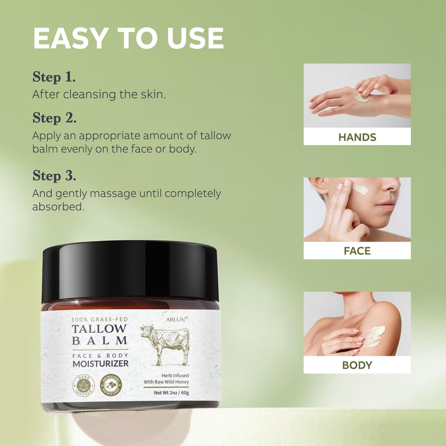 Beef Tallow and Honey Balm for Skin: Whipped Grass Fed Beef Tallow Balm Moisturizer with Raw Honey and Olive Oil for Face and Body - Natural Cow Fat Cream Unscented - Available at All In One Marketplace Canada
