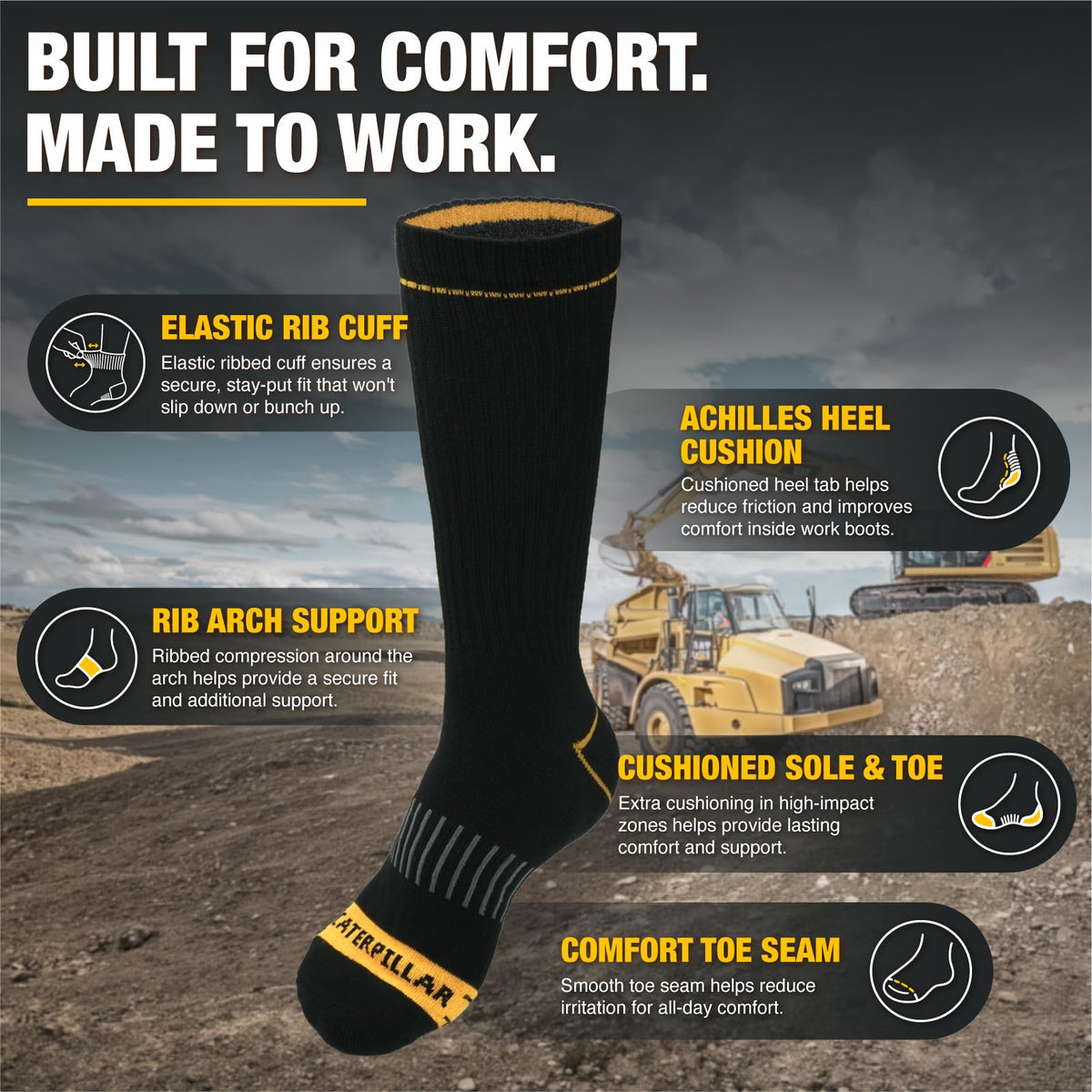 Caterpillar Men's Half Cushioned Crew Socks Pack, Black (6 Pack), X-Large