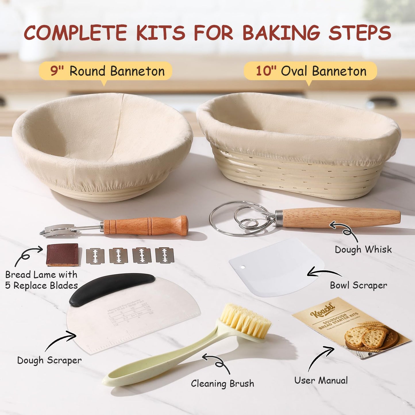 KOACKL Sourdough Bread Starter Kits, Banneton Sourdough Bread Making Tools Kit, Banneton Proofing Basket Making Bread Basket Baking for Baking Dough with Rising Pattern (Round and Oval) - Available at All In One Marketplace Canada
