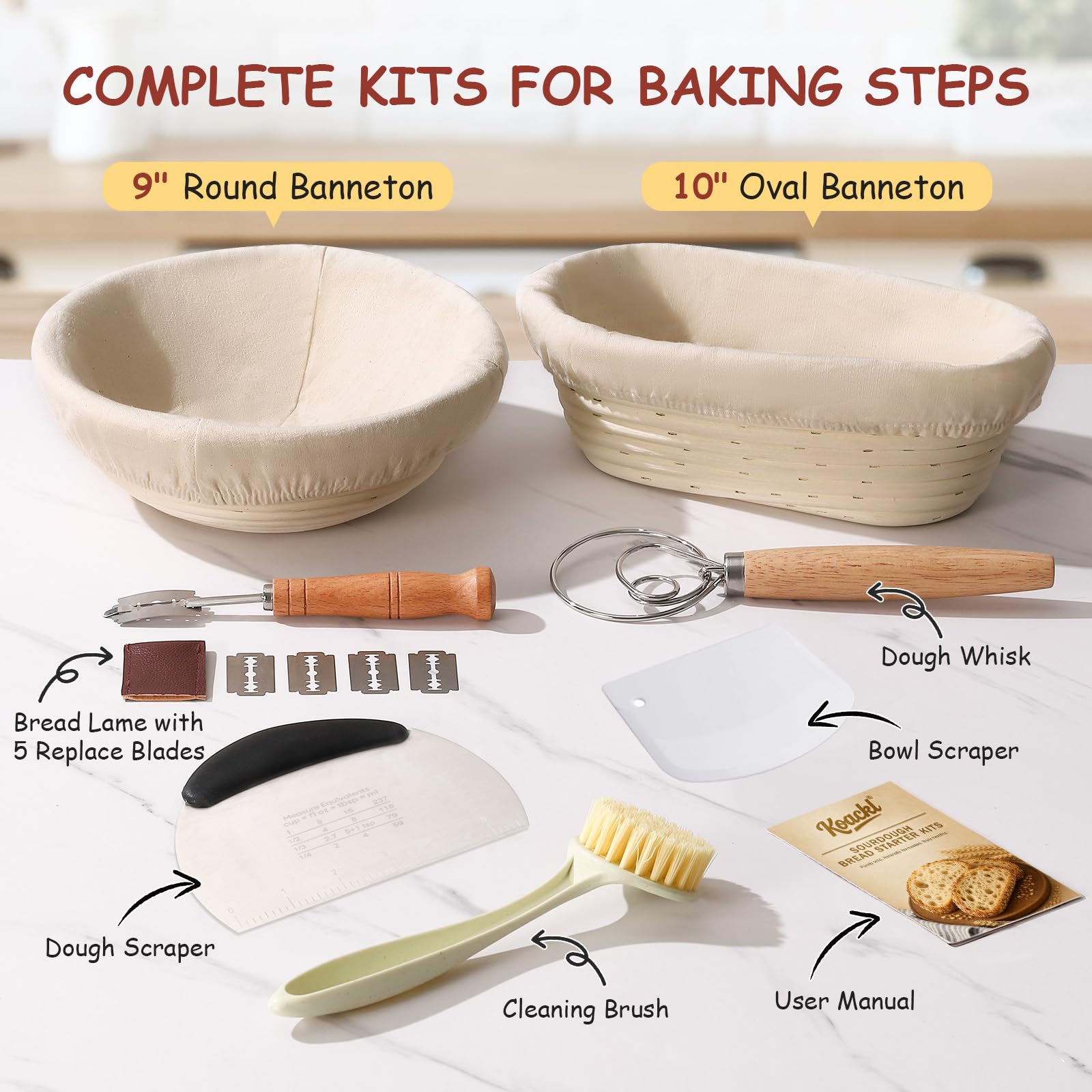 KOACKL Sourdough Bread Starter Kits, Banneton Sourdough Bread Making Tools Kit, Banneton Proofing Basket Making Bread Basket Baking for Baking Dough with Rising Pattern (Round and Oval) - Available at All In One Marketplace Canada