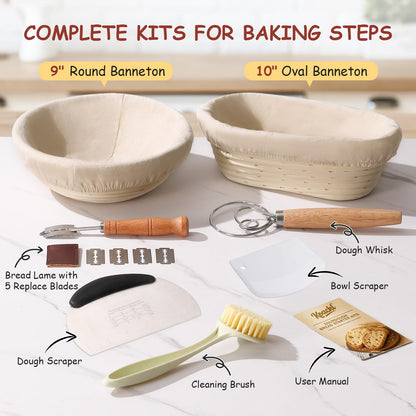 KOACKL Sourdough Bread Starter Kits, Banneton Sourdough Bread Making Tools Kit, Banneton Proofing Basket Making Bread Basket Baking for Baking Dough with Rising Pattern (Round and Oval) - Available at All In One Marketplace Canada