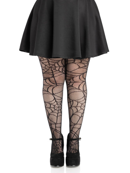 Leg Avenue Spiderweb Halloween Tights Goth Fishnets Alt Clothes Black Patterned Tights for Women, Black, Black, 1X-2X