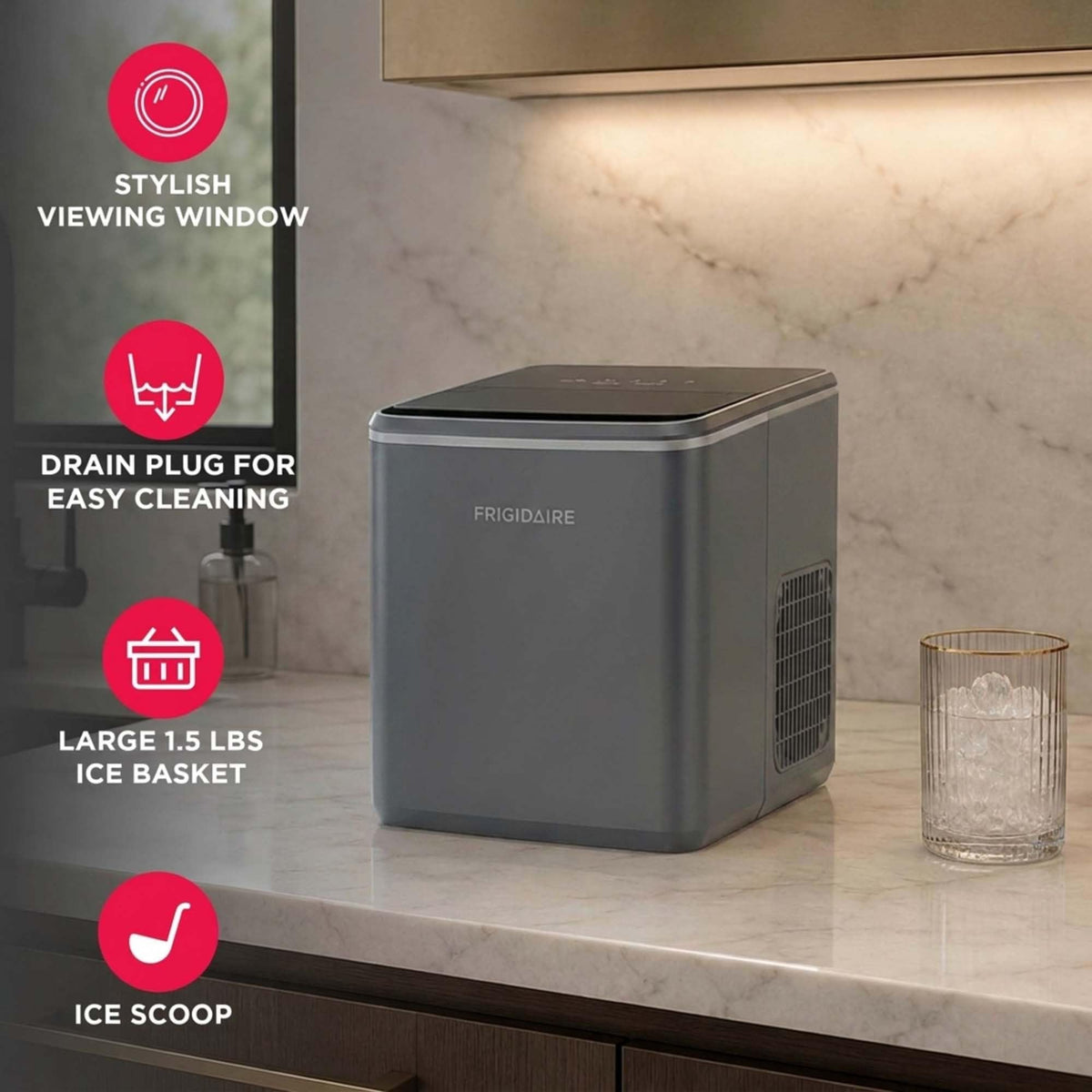 Frigidaire, Countertop Ice Maker, 26 lbs per Day – Fast Bullet Ice Making Machine with Touch Display, 9 Pieces in 7–15 Minutes, Portable Ice Machine for Home Kitchen, Office & RV, Grey