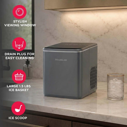 Frigidaire, Countertop Ice Maker, 26 lbs per Day – Fast Bullet Ice Making Machine with Touch Display, 9 Pieces in 7–15 Minutes, Portable Ice Machine for Home Kitchen, Office & RV, Grey