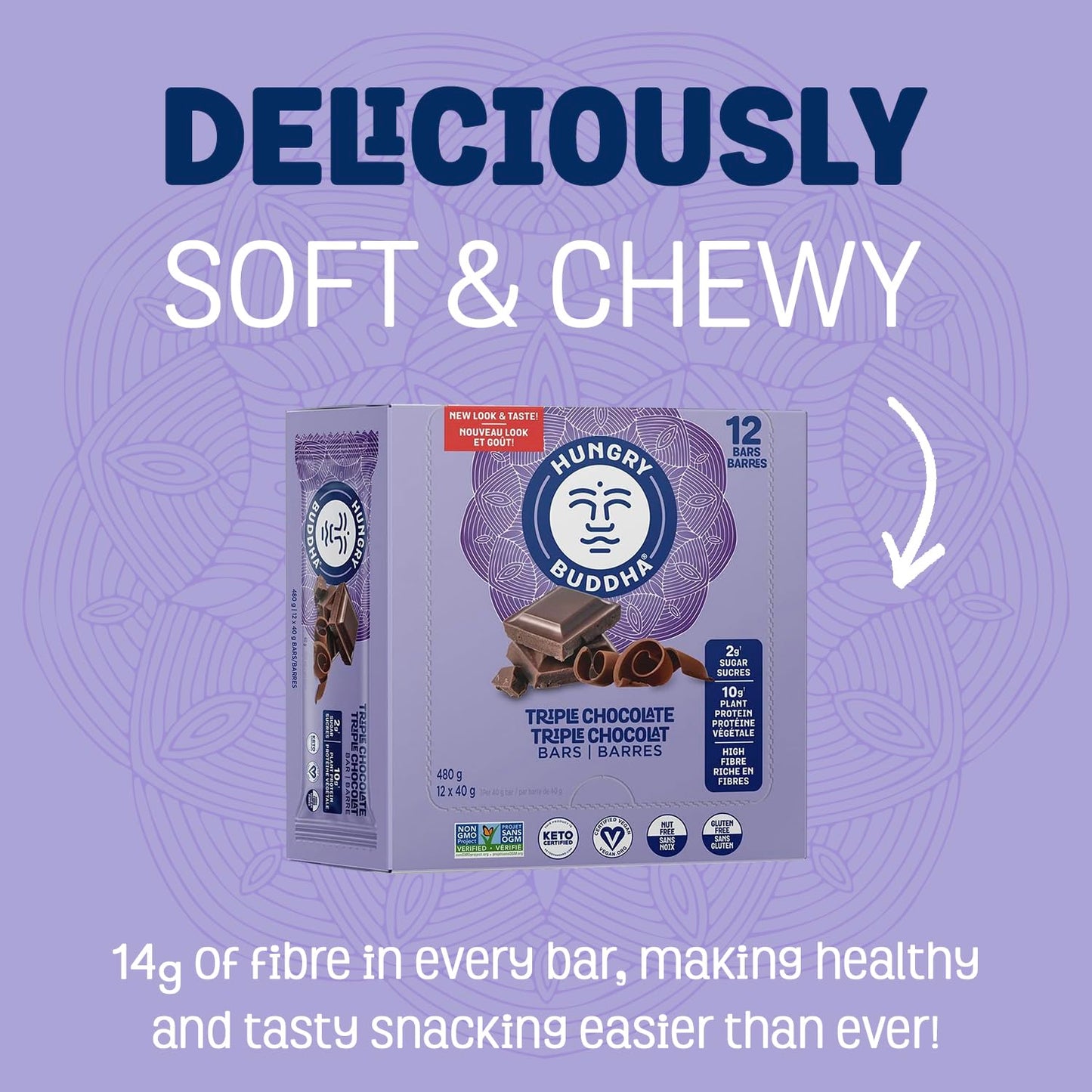 Hungry Buddha Plant-Based Protein Bars - Triple Chocolate, Low Sugar, High Protein (Pack of 12)
