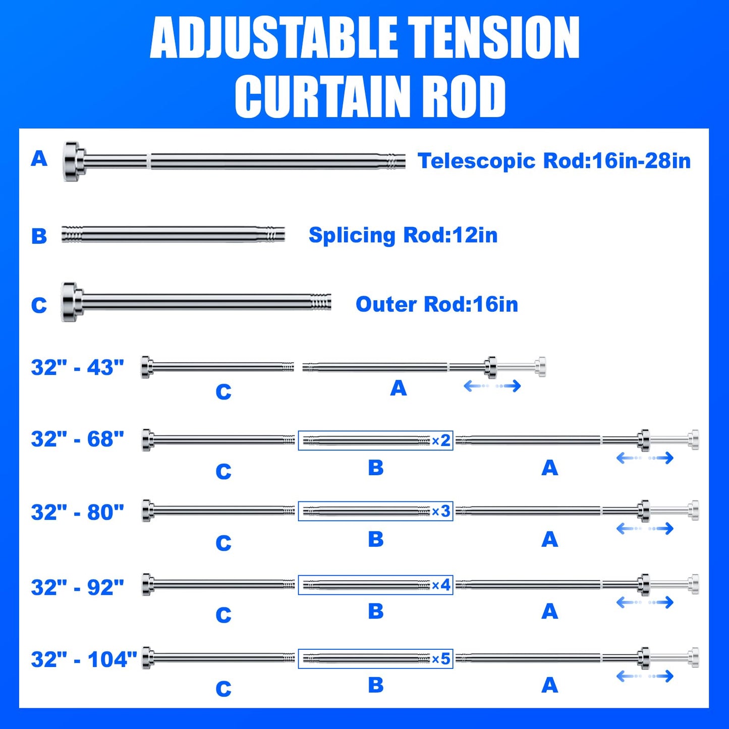 Ausemku Shower Curtain Rod Tension - 32-80 Inch Never Rust Non-Slip Spring Tension Curtain Rod No Drilling Stainless Steel Curtain Rod Use Bathroom Kitchen（Silver）