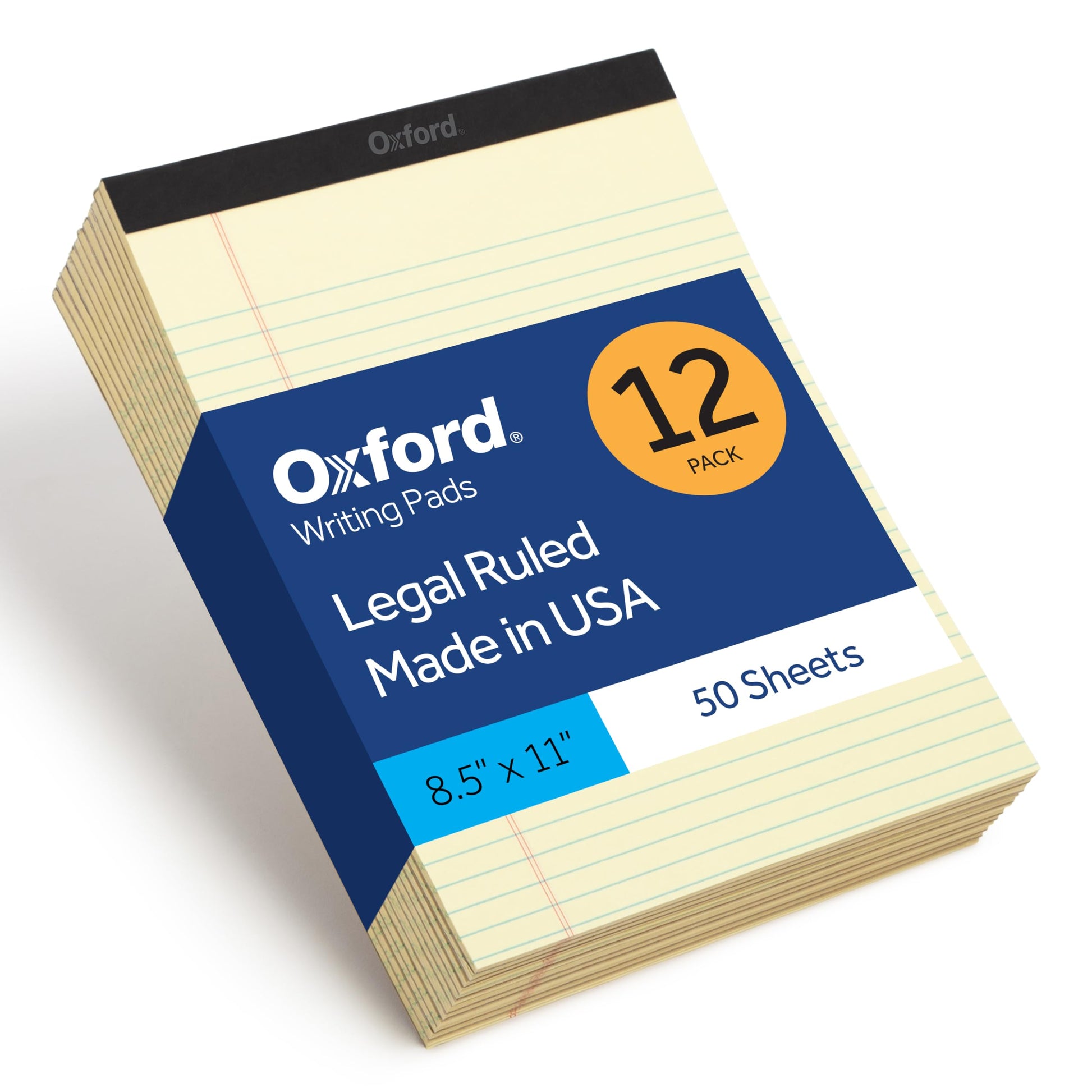 Oxford Legal Pads, 8.5 x 11 Inch, Wide Ruled, Yellow Paper, 50 Sheets per Pad, 12-Pack Notepads for School, Office, Lists, and Note Taking, Letter Size, Double-Sided Writing Pages Oxford