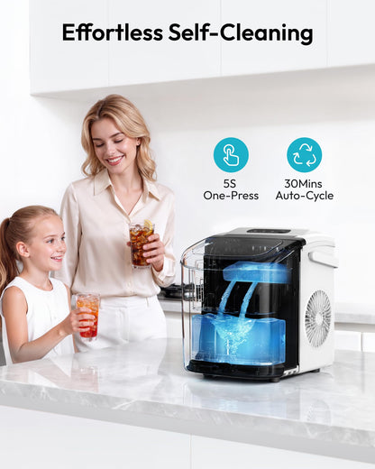 EUHOMY Countertop Ice Maker Machine with Handle, 26lbs Per Day, 9 Ice Cubes Ready in 6 Mins, Auto-Cleaning Portable Ice Maker with Basket and Scoop, for Home/Kitchen/Camping/RV (White)