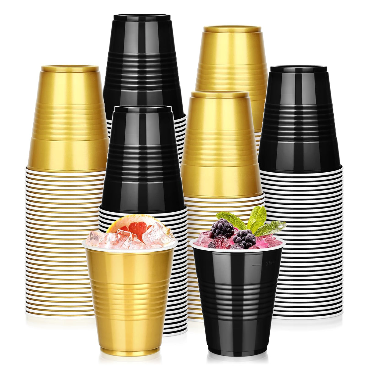 100 PCS 12 OZ Plastic Cups, Party Cups Black and Gold Cups Disposable Drinking Cup Bulk for Christmas Graduation Wedding Birthday Halloween New Year Family Gathering Festive Celebrations 🍁 All In One Marketplace Canada