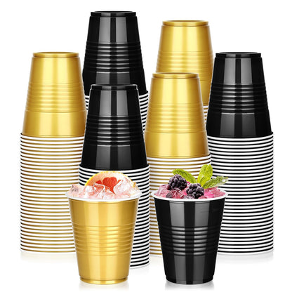 100 PCS 12 OZ Plastic Cups, Party Cups Black and Gold Cups Disposable Drinking Cup Bulk for Christmas Graduation Wedding Birthday Halloween New Year Family Gathering Festive Celebrations 🍁 All In One Marketplace Canada