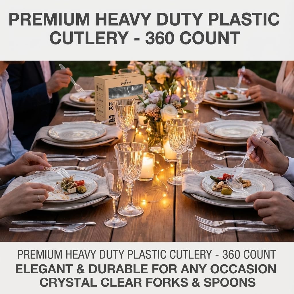 Plastic Forks and Spoons Set - (Bulk Pack 360 Pcs) Clear Plastic Cutlery Utensils Heavy Duty, 180 Forks and 180 Spoons, Silverware Sets for Party Supplies, Dinners, Take-Out, Catering, Food Services - Available at All In One Marketplace Canada