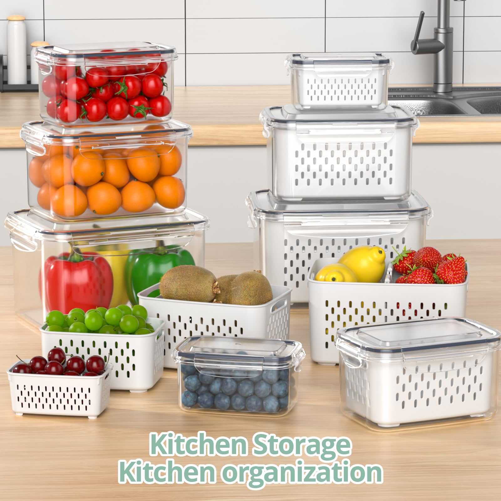Fruit Storage Containers for Fridge with Removable Colander, 8 Pack Fruit Containers for Fridge with 2 Function Divider Plate, Airtight Storage Container to Keep Berry Fruit Fresh, Dishwasher Safe - Available at All In One Marketplace Canada