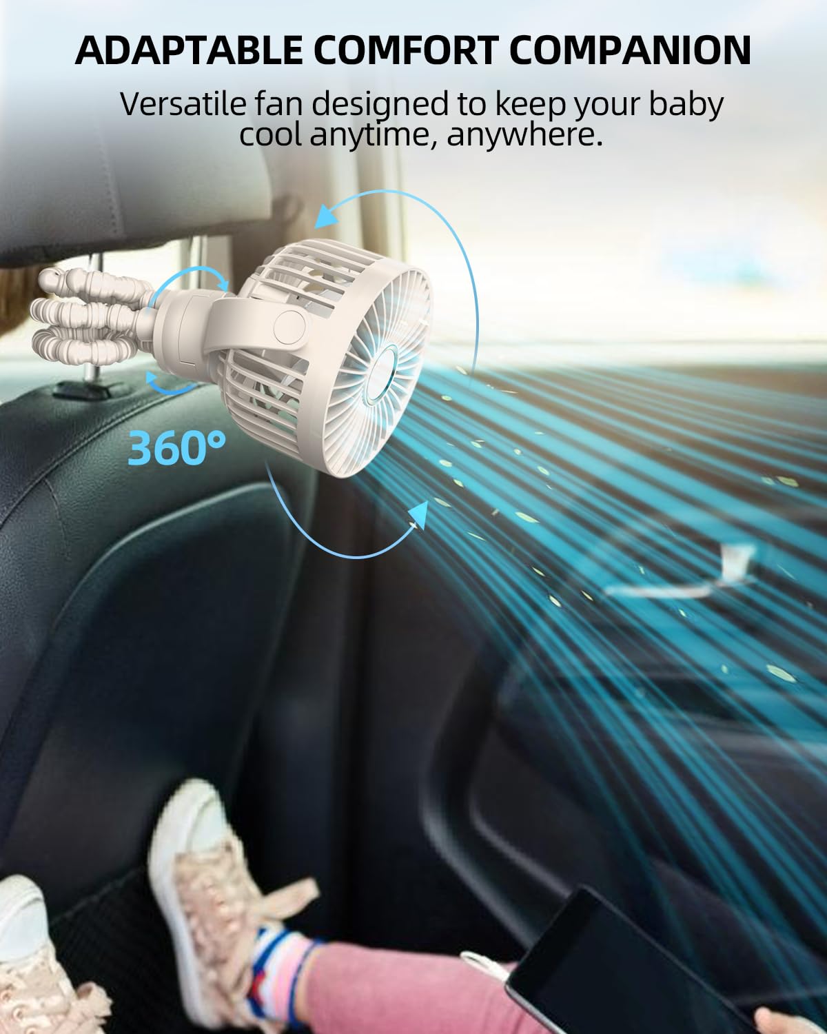 Stroller Fan, Portable Fan, Battery Powered Baby Clip On Fans, 3 Speeds Personal Cooling Fan with Rotatable Handheld for Car Seat Crib Bike Treadmill, Beige-white