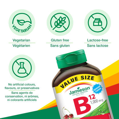 Jamieson Vitamin B12 Methylcobalamin 1,000 mcg, Fast Dissolving, Faster Acting, Naturally Energizing, and Supports Metabolism. Vegetarian, Gluten-Free, Natural Wild Cherry Flavour, 150 Sublingual Tablets, Proudly Canadian