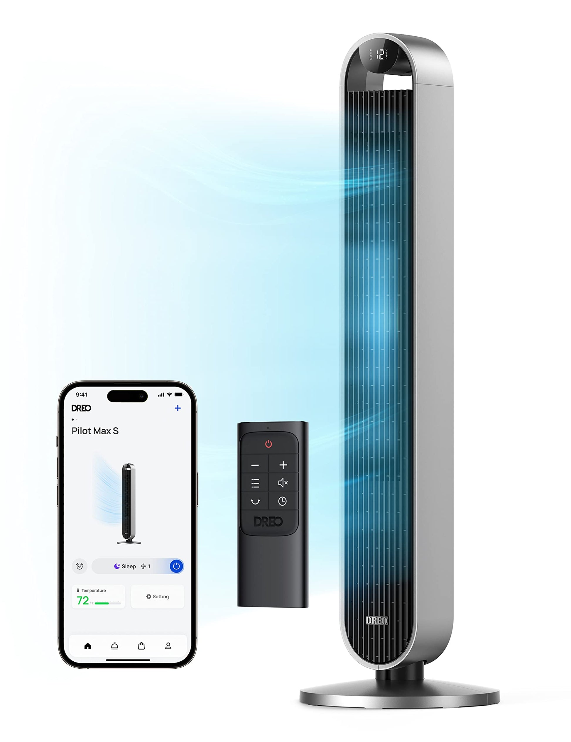 DREO Pilot Max 120° Oscillating Tower Fan, 42 Inch Bladeless Fan for Bedroom, 25dB Quiet DC Motor, Standing Fan with Remote, 12 Hyper Wind Speeds, 4 Modes, 12H Timer Floor Fans for Home Living Room DREO