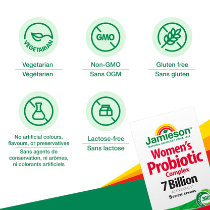 Jamieson Women's Probiotic Complex 7 Billion Active Cells, Supports Digestive Health, Intestinal Health, Gut Flora, and Vaginal Health with Lactobacillus and Bifidobacterium, Non-GMO, Gluten-Free, 45 Vegetarian Capsules
