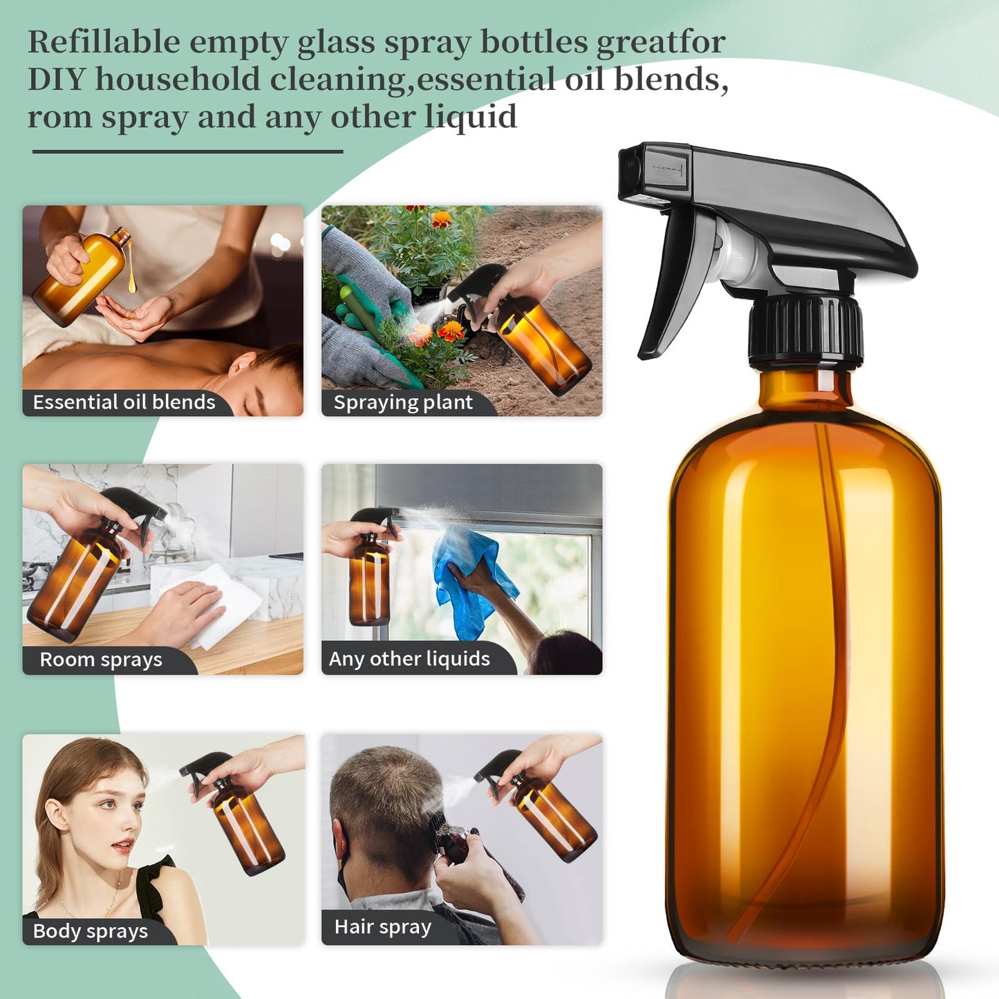 GIVAMEIHF 16oz Amber Glass Spray Bottles,2 Pack Glass Spray Bottles Refillable Empty Bottle with Adjustable Nozzle,Spray Bottle for Essential Oils,Cleaning,Pets,Plant, Hair Mister - Available at All In One Marketplace Canada
