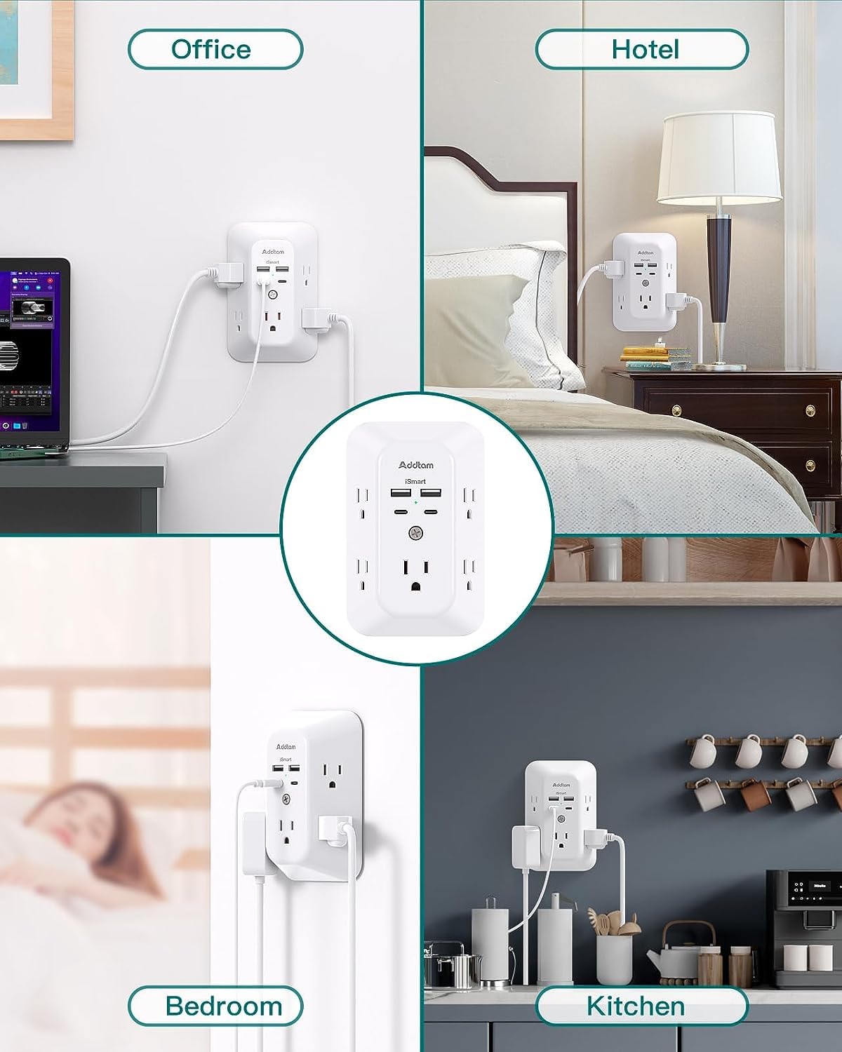 Power Bar, USB Wall Charger Surge Protector 5 Outlet Extender with 4 USB Charging Ports (2 USB C), Multi Plug Outlet, 3-Sided 1800J Power Strip Outlets Splitter Wall Plug Adapter for Home Office Dorm - Available at All In One Marketplace Canada