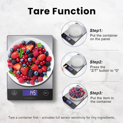 CROWNFUL Food Scale, Rechargeable 304 Stainless Steel Digital Kitchen Scale Up to 15kg/33lb Weight Grams and Ounces with LCD Display and Type-C Charging for Baking and Cooking - Available at All In One Marketplace Canada