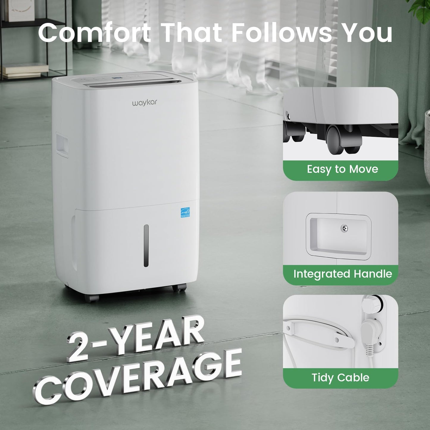 Waykar 80 Pints 2025 Energy Star Dehumidifier for Spaces up to 5,500 Sq. Ft for Basement and Home, Large Room with Drain Hose and 1.14 Gallons Water Tank - Available at All In One Marketplace Canada
