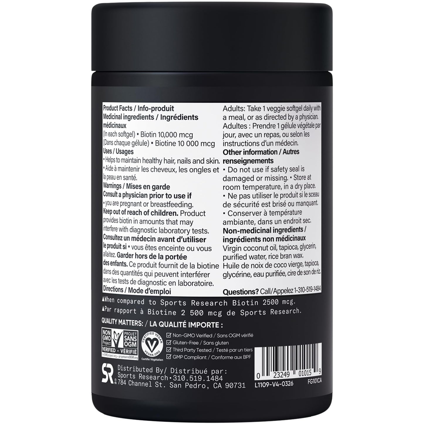 Sports Research® Max Strength Vegan Biotin 10,000mcg with Organic Coconut Oil - Helps to Maintain Healthy Hair, Nails and Skin - Great for Women & Men - 120 Veggie Softgels - Available at All In One Marketplace Canada