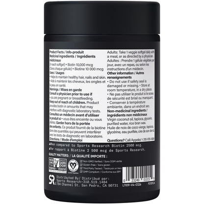 Sports Research® Max Strength Vegan Biotin 10,000mcg with Organic Coconut Oil - Helps to Maintain Healthy Hair, Nails and Skin - Great for Women & Men - 120 Veggie Softgels - Available at All In One Marketplace Canada