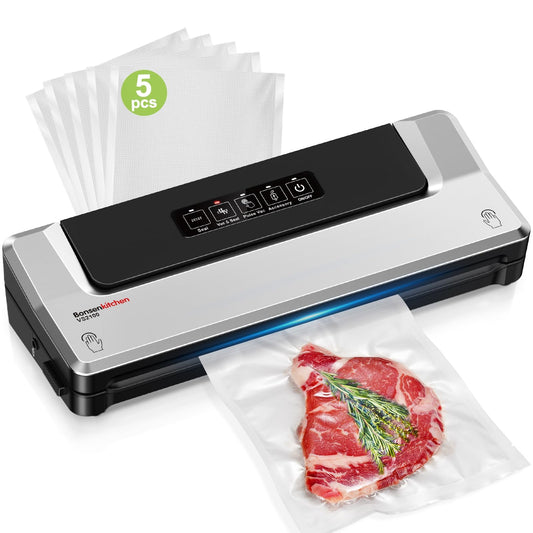 Bonsenkitchen Vacuum Sealer Machine, 90Kpa Powerful Food Sealer, Multi-Functional Food Vacuum Sealer with Vacuum Bags & Accessory Hose,Globefish Technology for High-Speed Continuous Working, Silver - Available at All In One Marketplace Canada