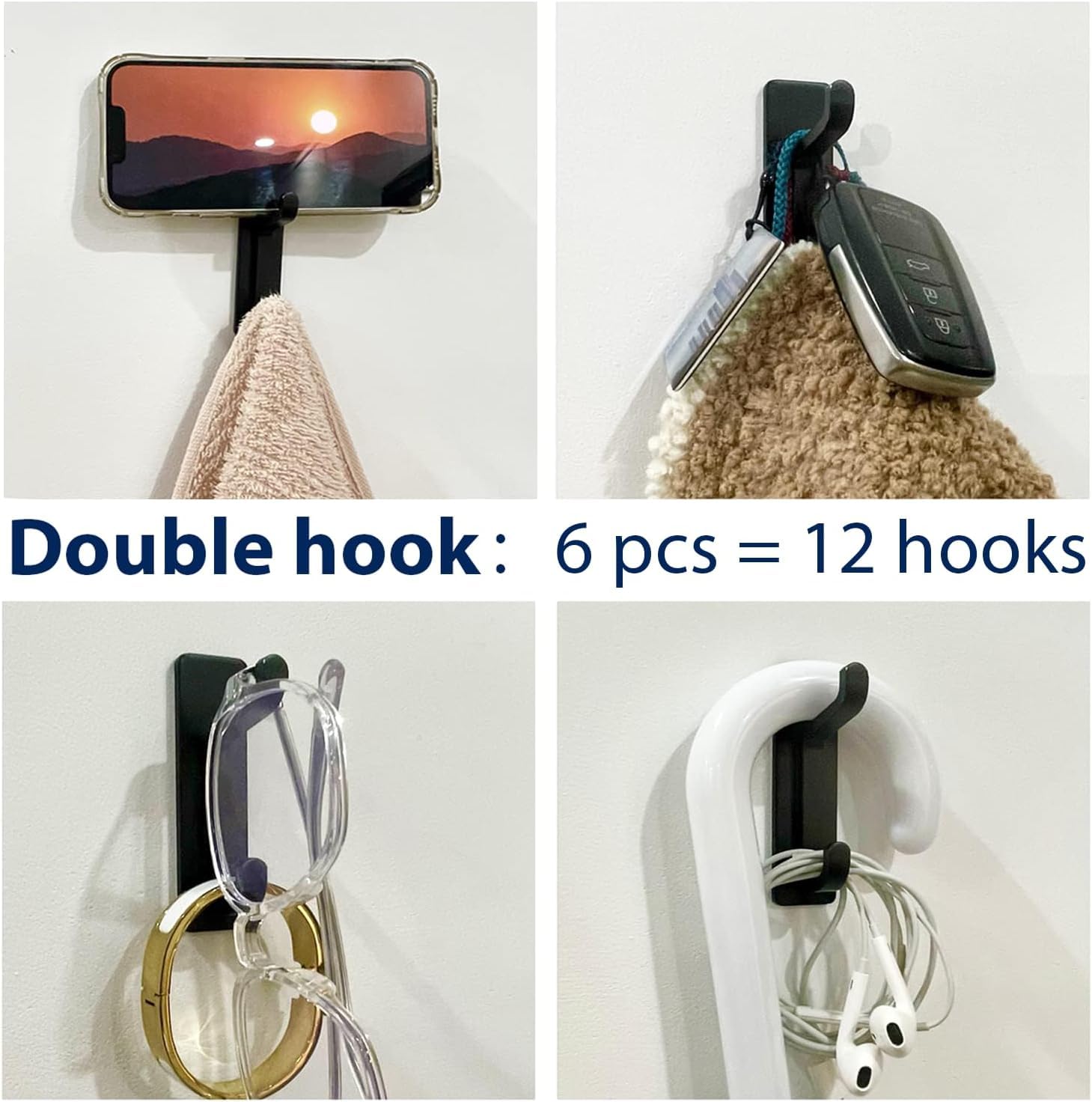 Self Adhesive Hooks for Hanging, Waterproof Towel Hook for Bathroom, Black Wall Hanger for Shower, Coat, Door, Robe, Sticky and Heavy Duty, 6-Pack